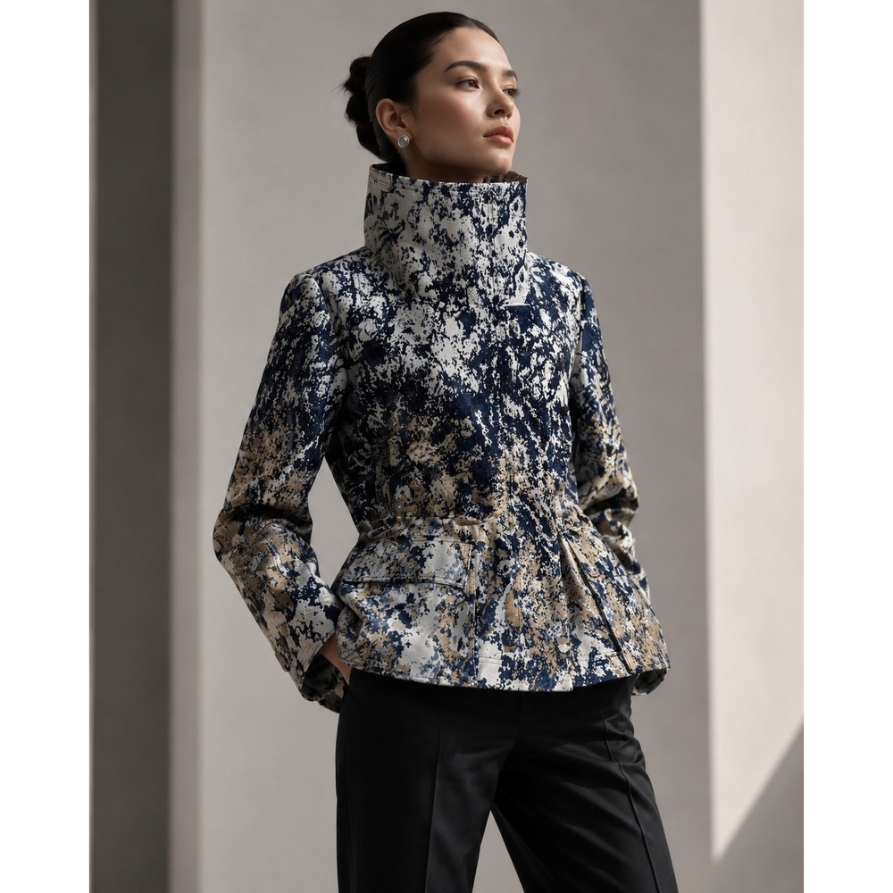 Donna Karan New York Abstract Marbled Funnel Neck Jacket Navy Gold Small
